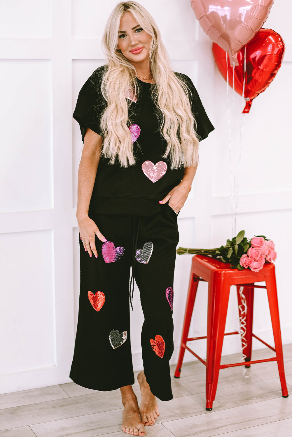 Black Sequin Heart Popping Graphic Textured 2pcs Outfit Graphic Sets JT's Designer Fashion