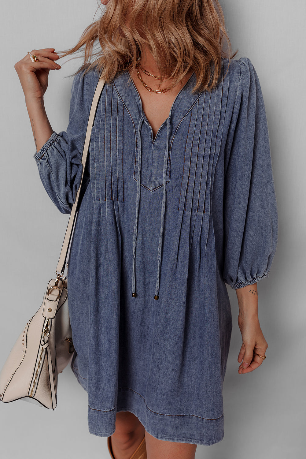 Sail Blue 3/4 Sleeve Tied V Neck Pleated Denim Mini Dress JT's Designer Fashion