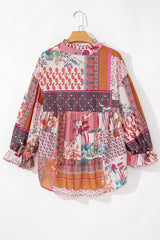 Red Boho Geometric Mixed Print Patchwork Bubble Sleeve Shirt Blouses & Shirts JT's Designer Fashion