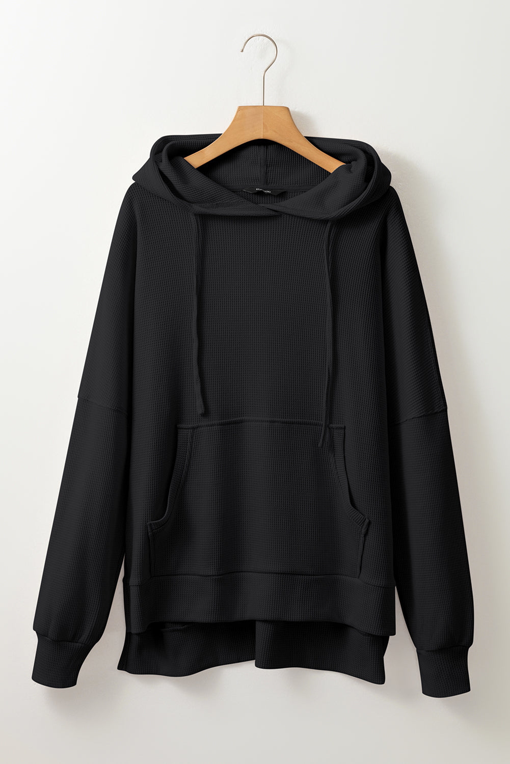 Black Waffle Knit Fleece Lined High Low Oversized Hoodie Sweatshirts & Hoodies JT's Designer Fashion