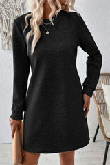 Black Solid Color Textured Long Sleeve Shift Dress Mini Dresses JT's Designer Fashion