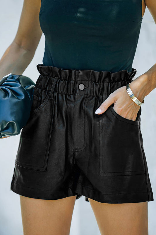 Black Faux Leather Paper Bag Waist High Rise Shorts Black 60%Pu+40%Polyester Casual Shorts JT's Designer Fashion
