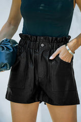 Black Faux Leather Paper Bag Waist High Rise Shorts Black 60%Pu+40%Polyester Casual Shorts JT's Designer Fashion
