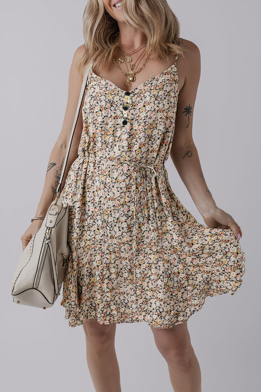 Khaki Boho Floral Printed Tie Waist Flared Sundress Khaki 100%Viscose Floral Dresses JT's Designer Fashion