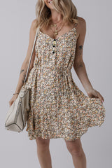 Khaki Boho Floral Printed Tie Waist Flared Sundress Khaki 100%Viscose Floral Dresses JT's Designer Fashion