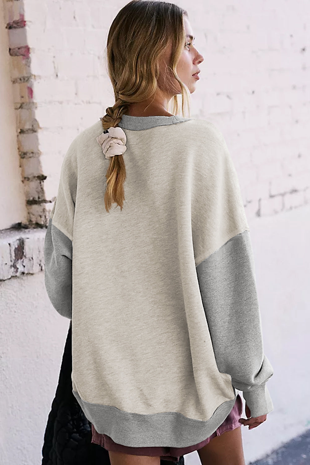 Light Grey Color Block Thumbhole Sleeve Drop Shoulder Sweatshirt Sweatshirts & Hoodies JT's Designer Fashion