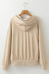 Khaki Checkered Print Kangaroo Pocket Drawstring Hoodie Sweatshirts & Hoodies JT's Designer Fashion