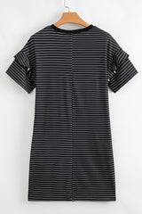 Black Stripe Ruffled Short Sleeve Crew Neck T Shirt Shift Mini Dress T Shirt Dresses JT's Designer Fashion