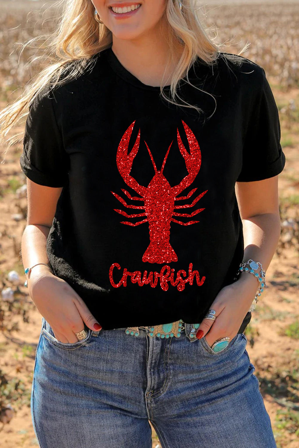 Black Shimmering Crawfish Graphic Tee Graphic Tees JT's Designer Fashion