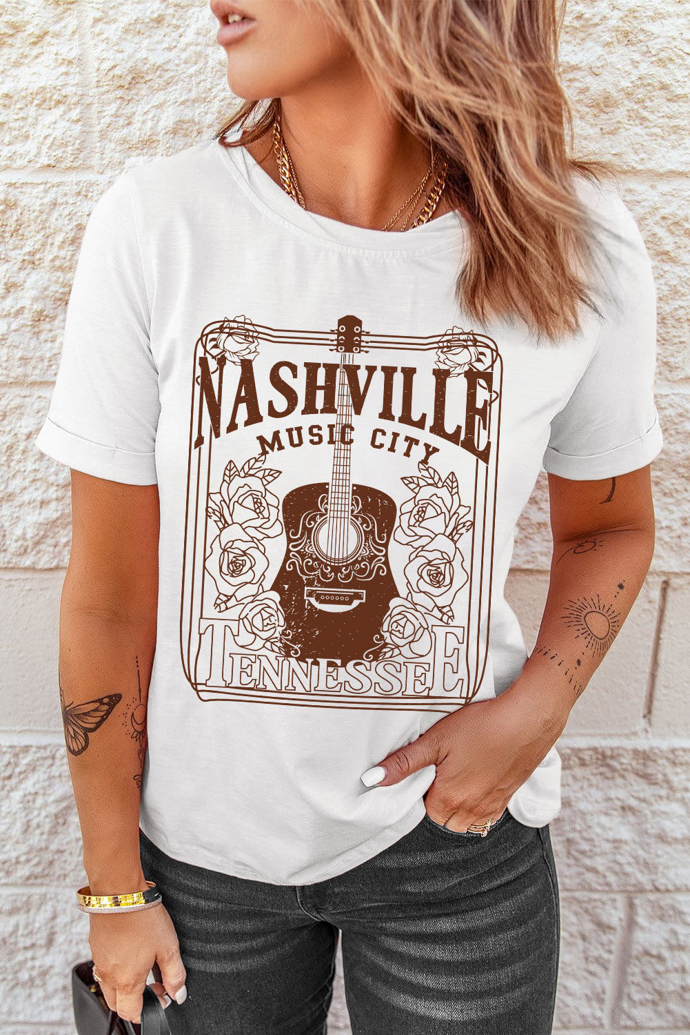 White NASHVILLE MUSIC CITY Graphic Crew Neck Tee Graphic Tees JT's Designer Fashion