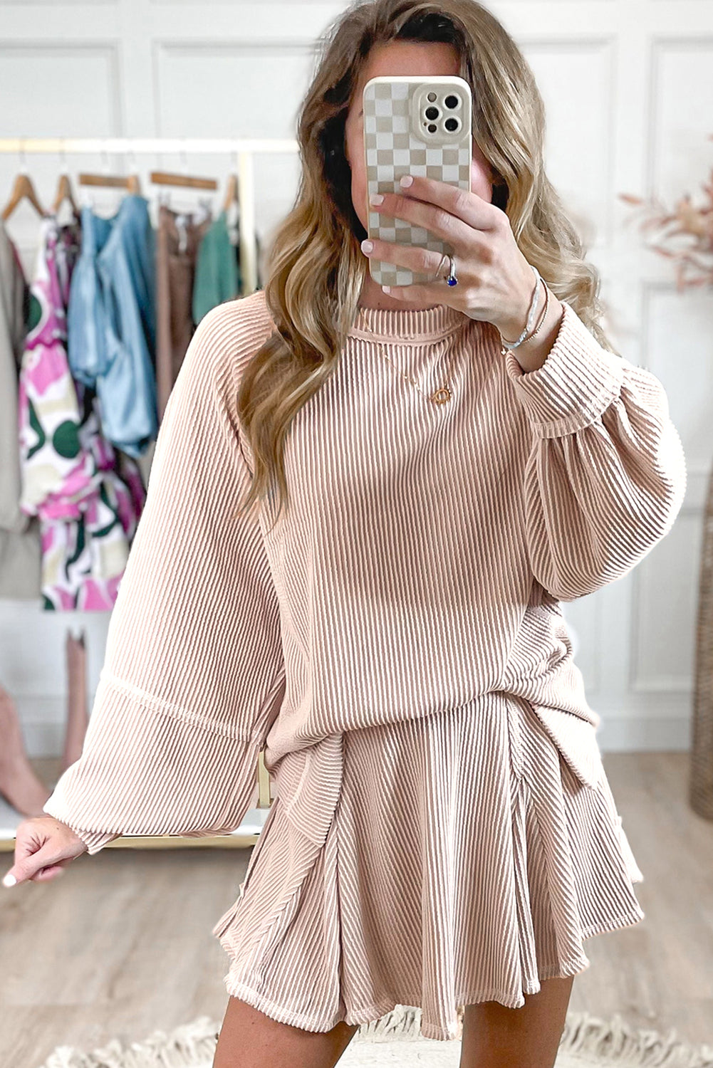 Jet Stream Corded Lantern Sleeve Top High Waist Ruffled Mini Skirt Set Two Piece Dresses JT's Designer Fashion