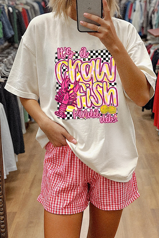 White Crawfish Checkered Pattern Graphic Tee Graphic Tees JT's Designer Fashion