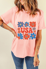 Pink Shimmer Flower USA Letter Printed Casual T Shirt Graphic Tees JT's Designer Fashion