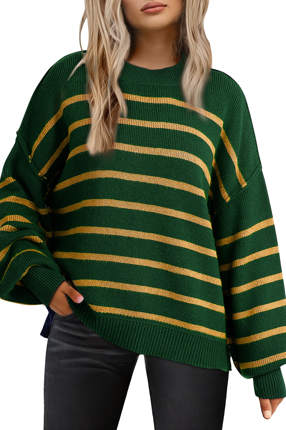Green Stripe Ribbed Drop Shoulder Baggy Sweater Sweaters JT's Designer Fashion