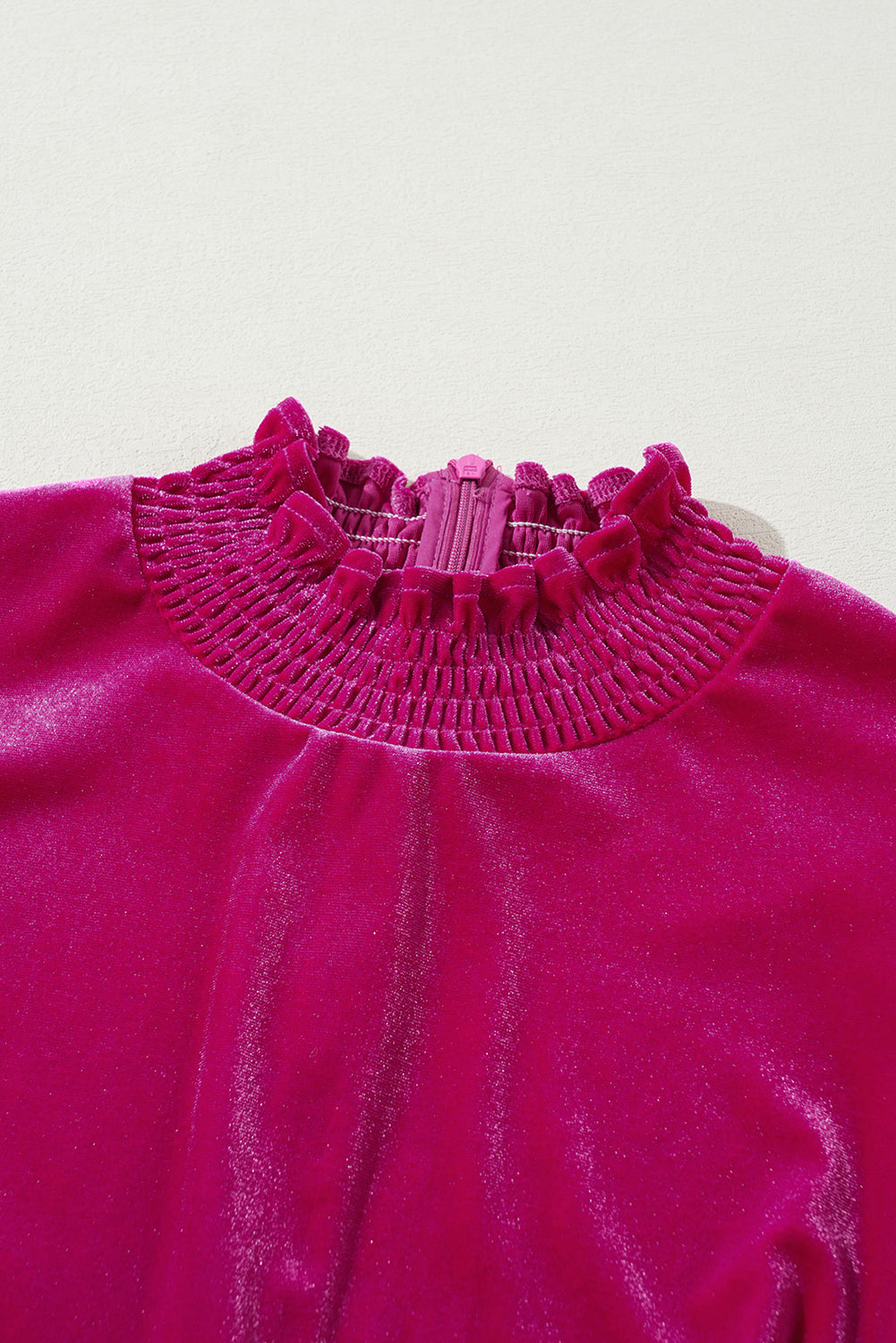 Rose Red Smocked Mock Neck Ruffled Puff Sleeve Velvet Mini Dress Mini Dresses JT's Designer Fashion
