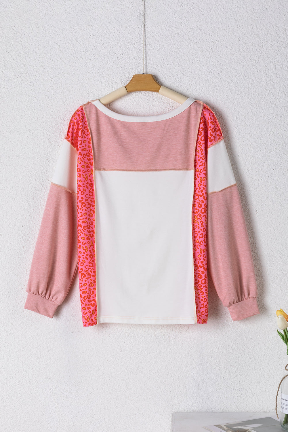 Peach Blossom Leopard Colorblock Patchwork Exposed Seam Top Long Sleeve Tops JT's Designer Fashion