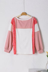 Peach Blossom Leopard Colorblock Patchwork Exposed Seam Top Long Sleeve Tops JT's Designer Fashion