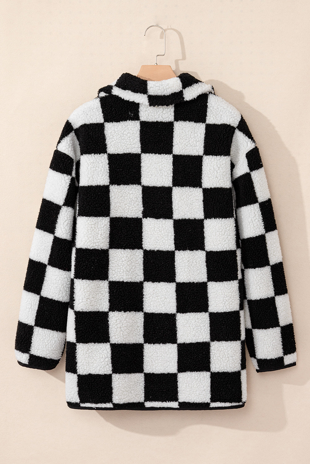 Black Checkered Side Pockets Collared Buttoned Fleece Jacket Jackets JT's Designer Fashion