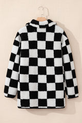 Black Checkered Side Pockets Collared Buttoned Fleece Jacket Jackets JT's Designer Fashion