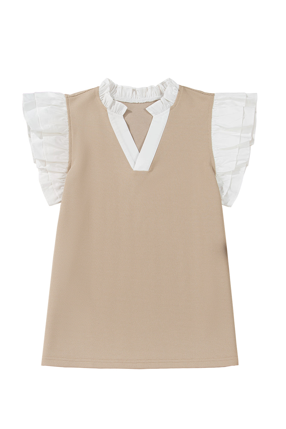 Pale Khaki Contrast V Neck Ruffled Textured Knit Top Blouses & Shirts JT's Designer Fashion