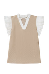Pale Khaki Contrast V Neck Ruffled Textured Knit Top Blouses & Shirts JT's Designer Fashion
