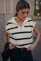 White Stripe Zipped Collar Cap Sleeve Knit Top Sweaters & Cardigans JT's Designer Fashion