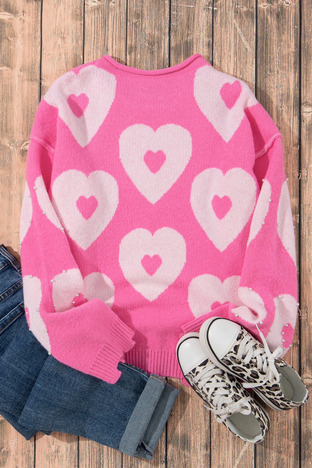 Bonbon Pearl Beaded Heart Drop Shoulder Sweater Sweaters JT's Designer Fashion