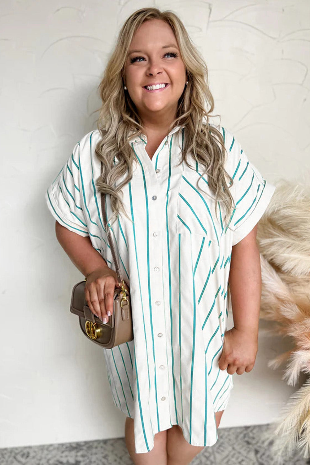 Green Stripe Plus Size St Patricks Day Short Sleeve Buttoned Shirt Dress Plus Size Mini Dresses JT's Designer Fashion