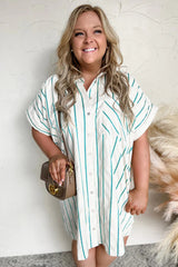 Green Stripe Plus Size St Patricks Day Short Sleeve Buttoned Shirt Dress Plus Size Mini Dresses JT's Designer Fashion