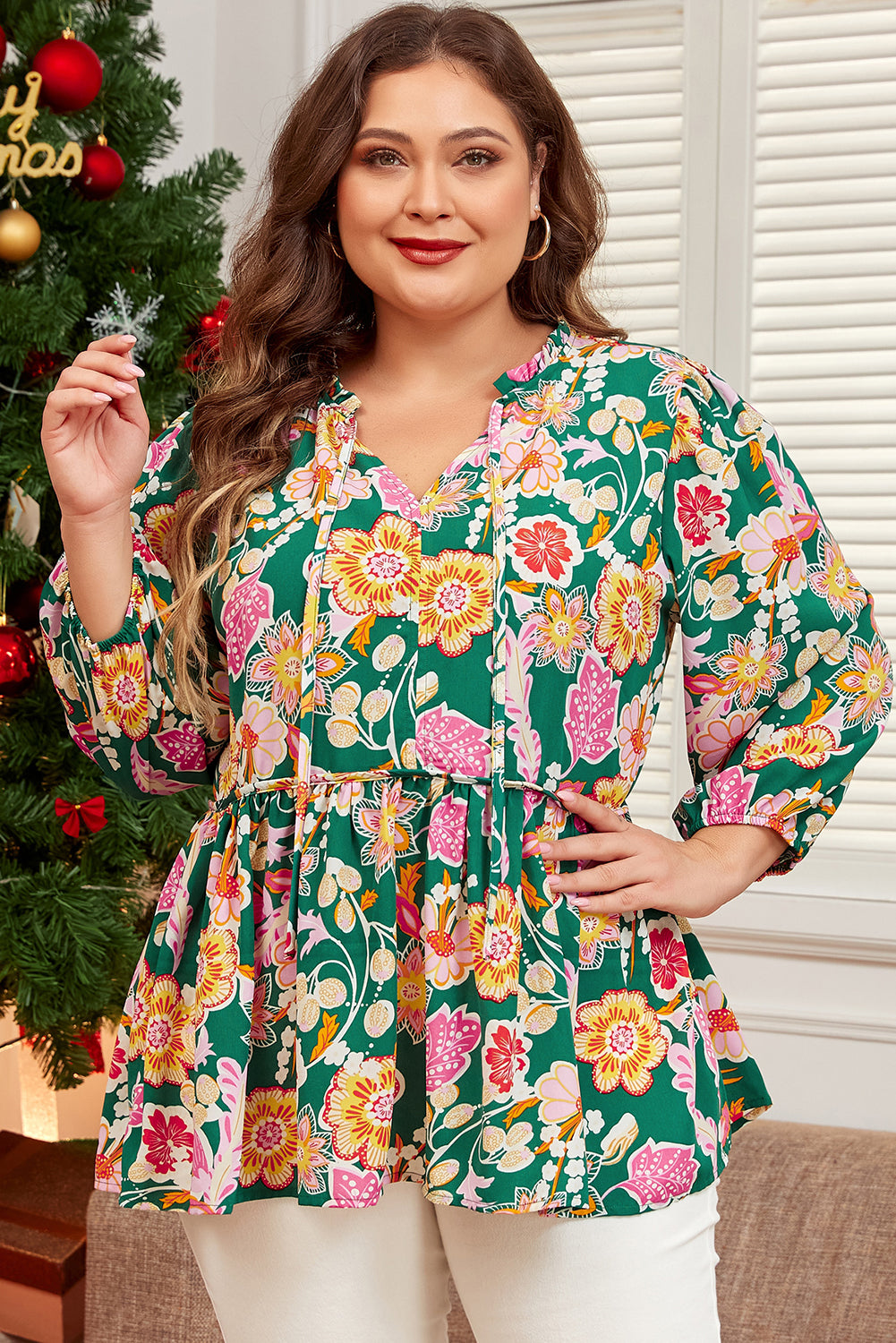 Green Floral Tied V Neck Long Sleeve Plus Size Babydoll Top Plus Size Blouses & Shirts JT's Designer Fashion