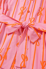 Pink Bowknot Striped Printed Bubble Sleeve Buttoned Belted Mini Dress Mini Dresses JT's Designer Fashion