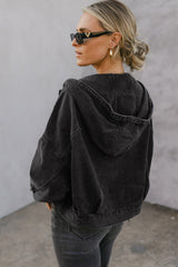 Black Big Chest Pocket Drop Shoulder Hooded Denim Jacket Denim Jackets JT's Designer Fashion