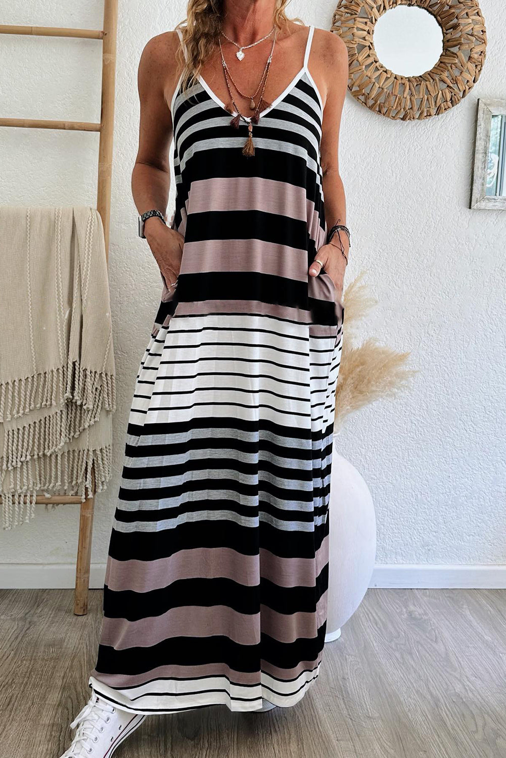Multicolour Mixed Stripes Spaghetti Straps V Neck Maxi Dress Dresses JT's Designer Fashion