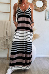 Multicolour Mixed Stripes Spaghetti Straps V Neck Maxi Dress Dresses JT's Designer Fashion