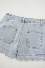 Dusk Blue Scalloped Hemline Acid Wash High Waist Denim Shorts Denim Shorts JT's Designer Fashion