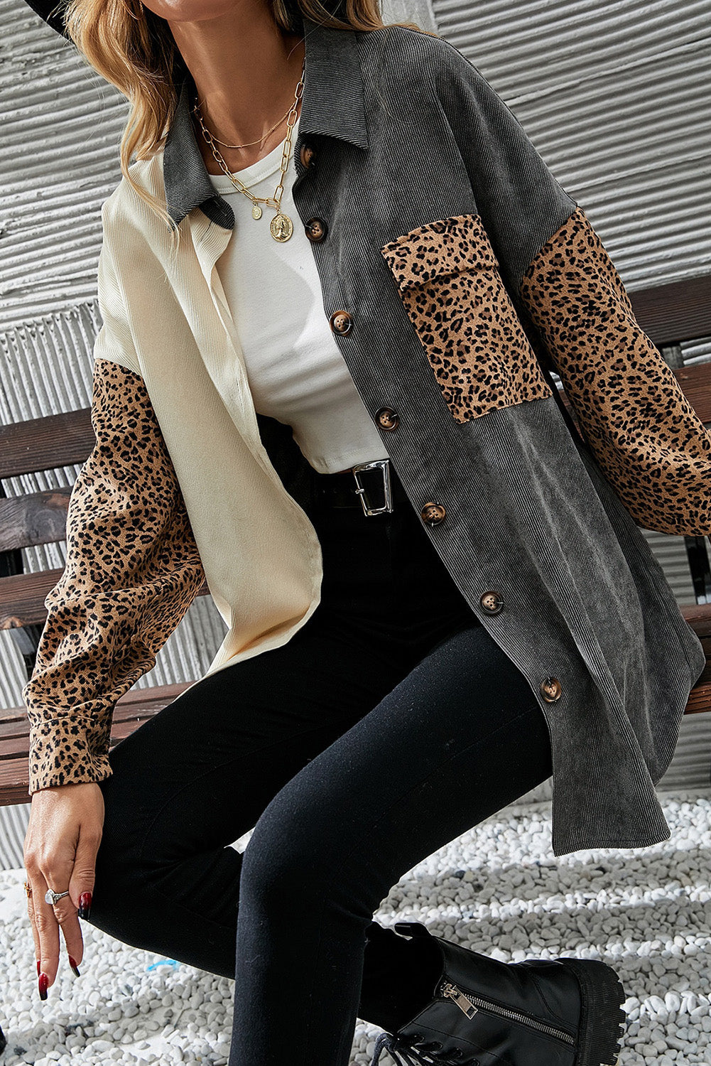 Gray Color Block Leopard Patched Corduroy Shacket Jackets JT's Designer Fashion