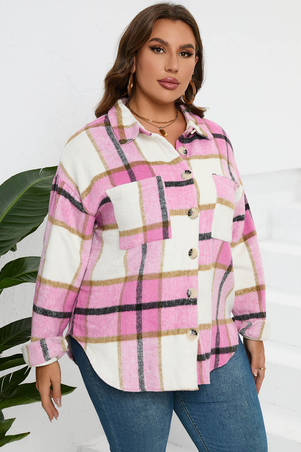 Pink Plaid Color Block Buttoned Long Sleeve Jacket with Pocket Plaid Shackets JT's Designer Fashion