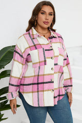 Pink Plaid Color Block Buttoned Long Sleeve Jacket with Pocket Plaid Shackets JT's Designer Fashion