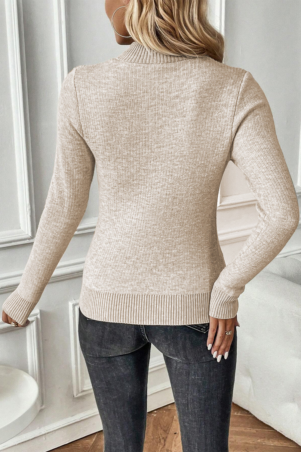 Apricot Thermal Lined Ribbed Knit Mock Neck Sweater Sweaters JT's Designer Fashion