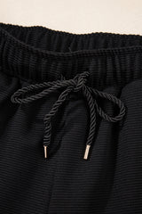 Black Textured Half Zip Kangaroo Pocket Top Drawstring Shorts Set Short Sets JT's Designer Fashion