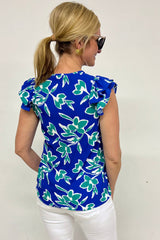 Blue V Neck Floral Print Double Ruffled Short Sleeve Blouse Blouses & Shirts JT's Designer Fashion