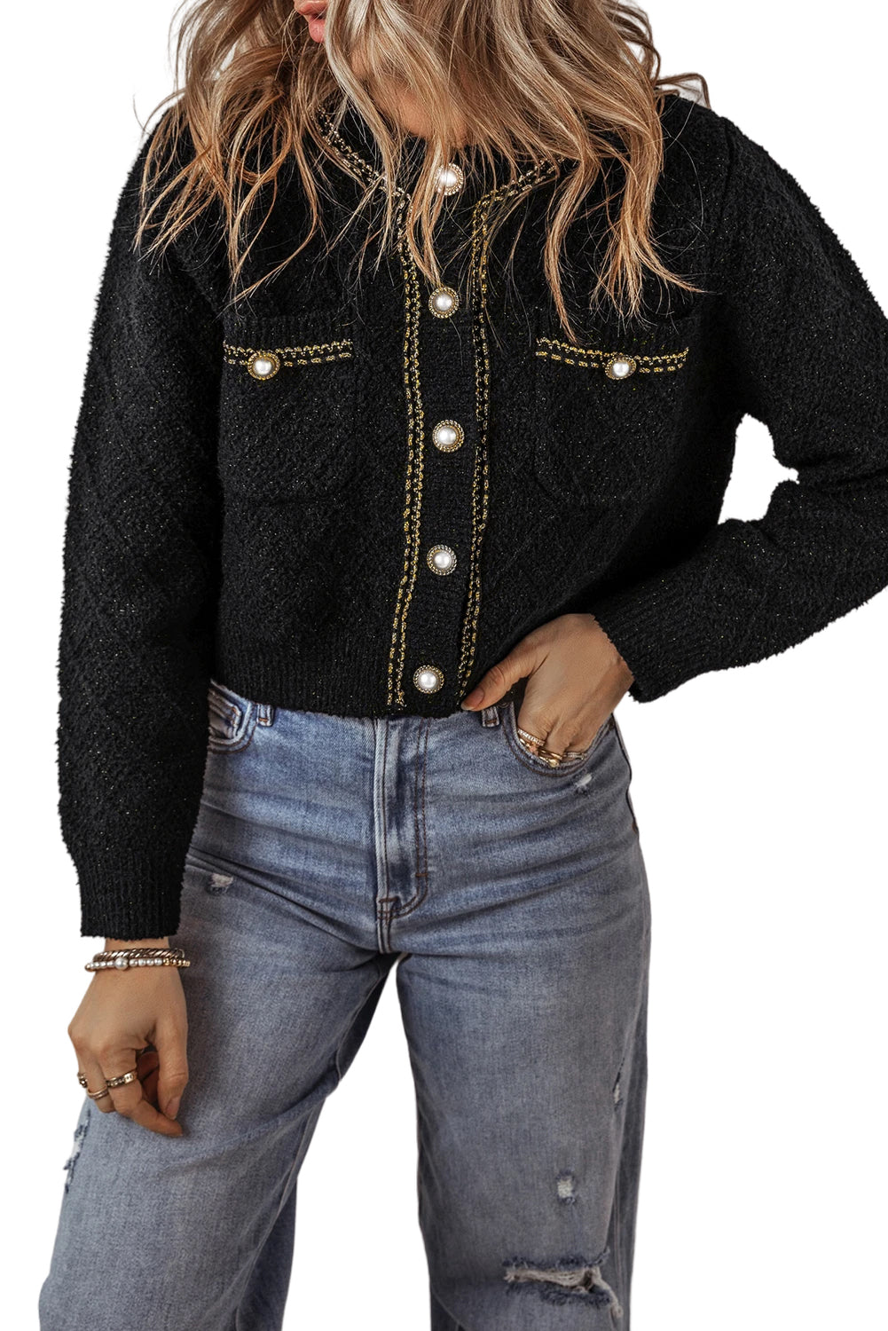 Black Shimmer Flap Pocket Button up Cardigan Cardigans JT's Designer Fashion
