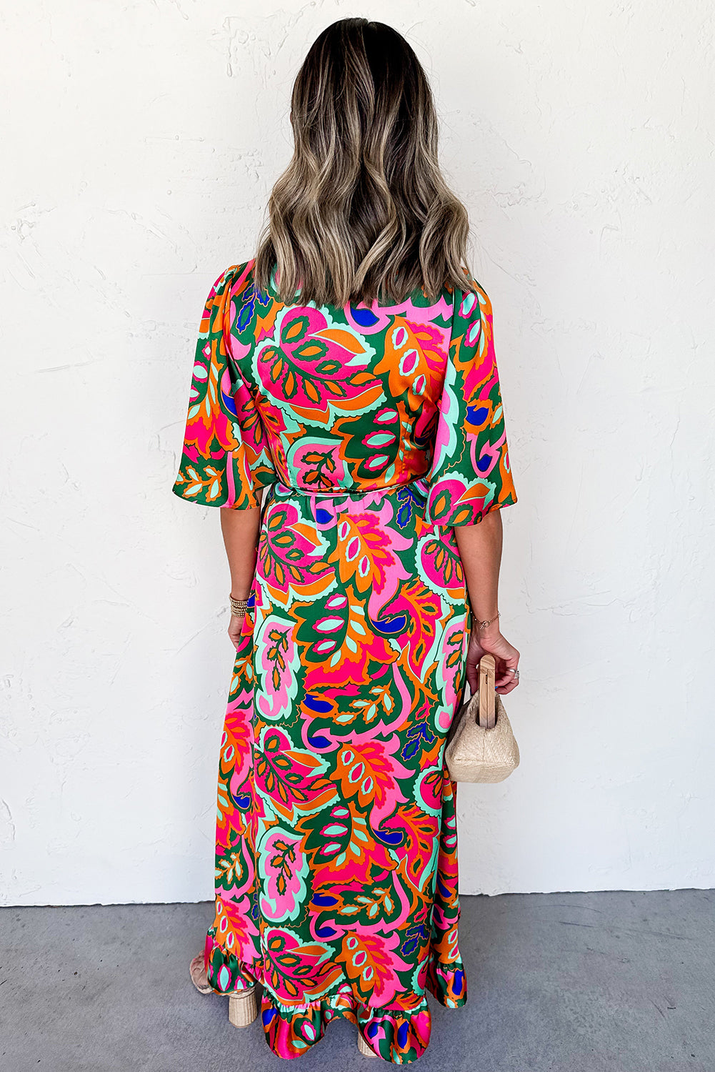 Rose Summer Plant Print Surpliced V Neck Ruffled Asymmetric Slit Wide Short Sleeve Maxi Dress Dresses JT's Designer Fashion