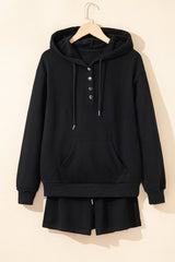 Black Button Drawstring Hooded Pullover and Casual Short Set Short Sets JT's Designer Fashion