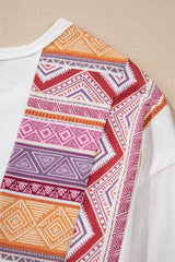 White Western Aztec Print Patchwork Ruffled Tunic Long Sleeve Babydoll Top Long Sleeve Tops JT's Designer Fashion