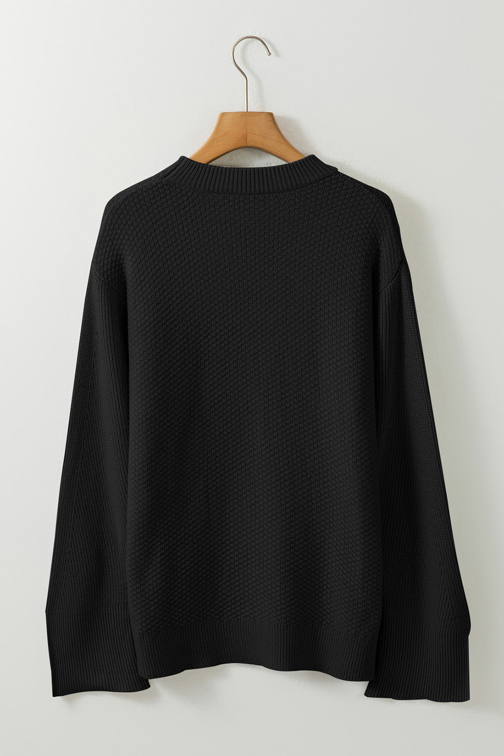 Black Solid Textured Knit Split Cuff Drop Shoulder Loose Sweater Sweaters JT's Designer Fashion