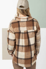 Light French Beige Flannel Plaid Double Flap Pocket Shacket Plaid Shackets JT's Designer Fashion