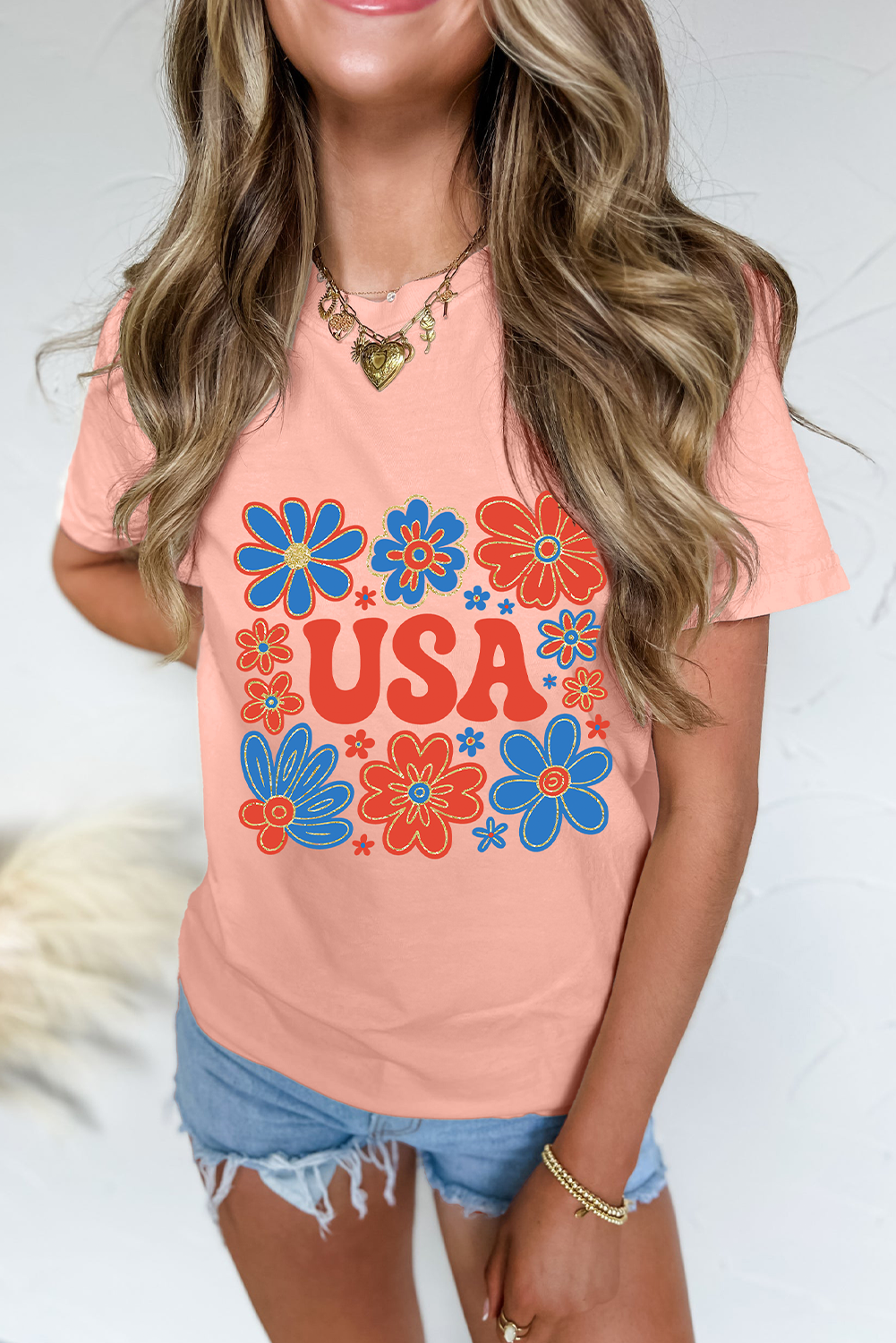 Pink Shimmer Flower USA Letter Printed Casual T Shirt Graphic Tees JT's Designer Fashion
