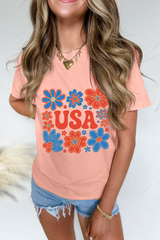Pink Shimmer Flower USA Letter Printed Casual T Shirt Graphic Tees JT's Designer Fashion