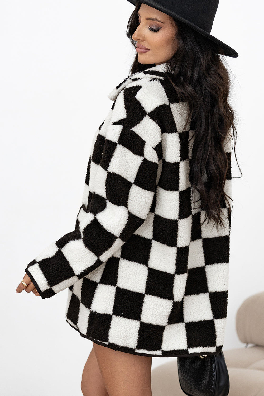 Black Checkered Side Pockets Collared Buttoned Fleece Jacket Jackets JT's Designer Fashion